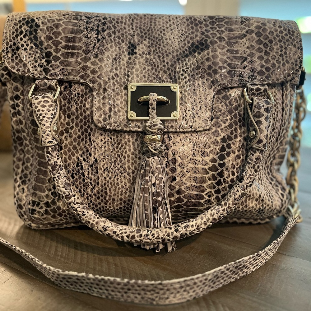 Elliott Lucca Faux Snakeskin Large Satchel Handbag w/ Shoulder Strap, Tassel